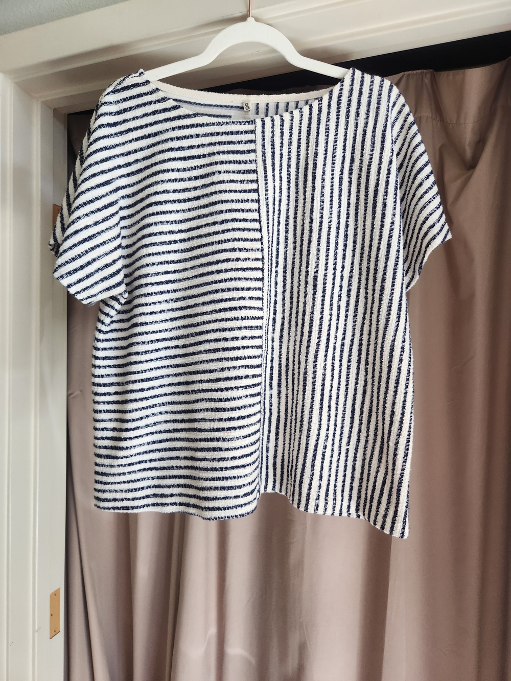 Lou & Grey Navy and White Split-Stripe Short Sleeve Top - Boxy Terry Cloth